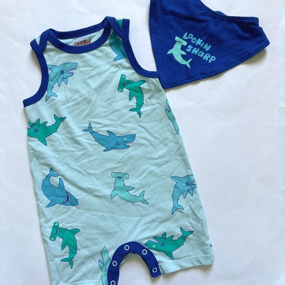Cat & Jack Baby Boy Summer Romper Shark Sleeveless Romper and Bib Set 12M